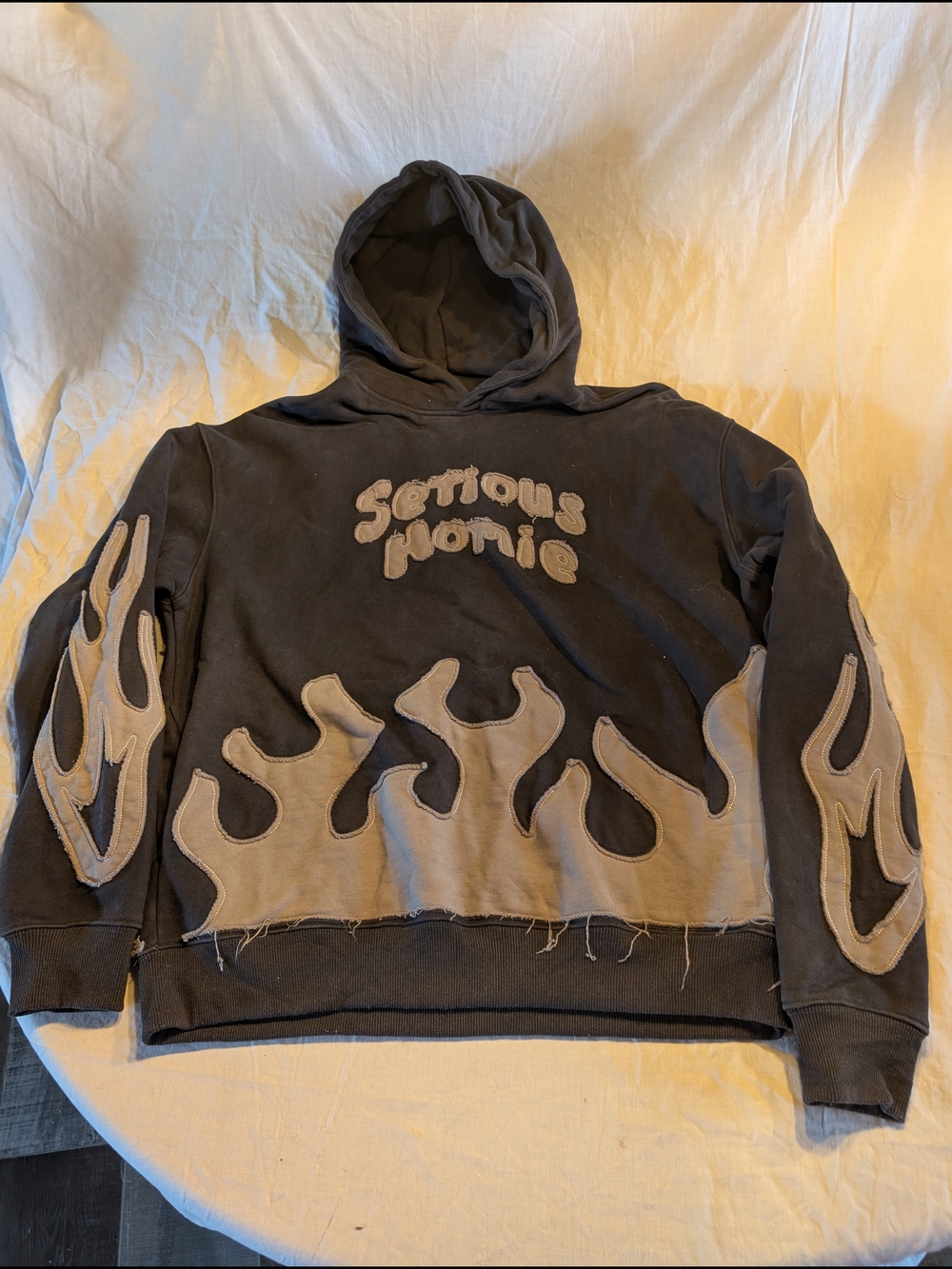 2/100$ Vintage Black Hoodie with Tan Flame Appliqués